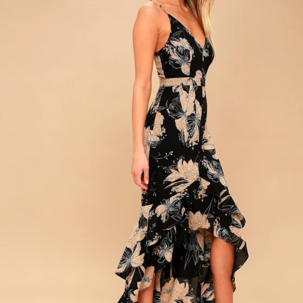 Lulus Darling Daylily Black Floral Print High-Low Maxi Dress - Picture 3 of 5
